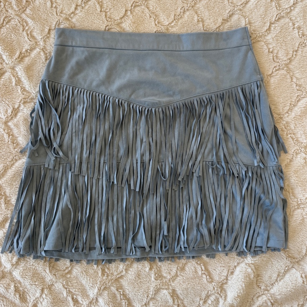 Francesca’s Collections Light Blue Fringe Mini Skirt Faux Suede Festival